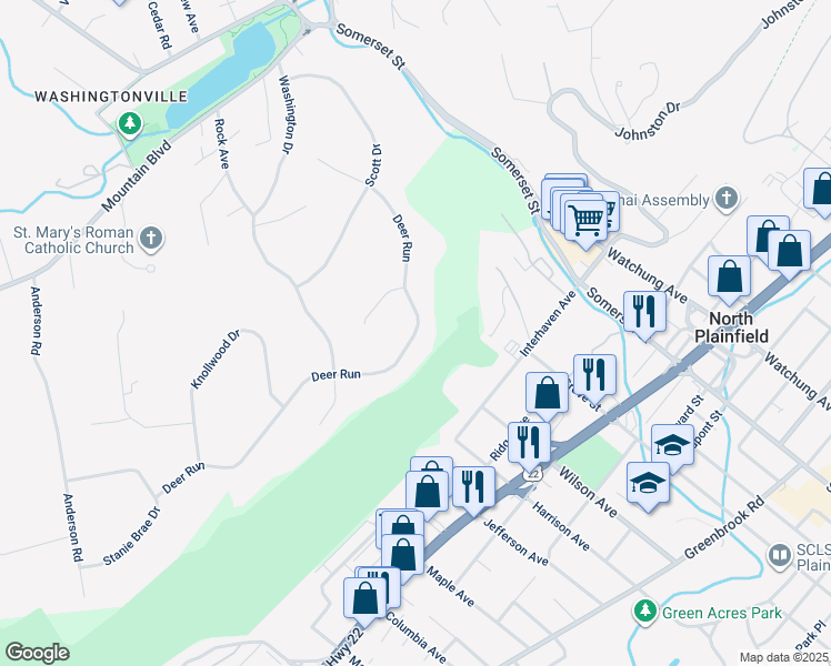 map of restaurants, bars, coffee shops, grocery stores, and more near 150 Deer Run in Watchung
