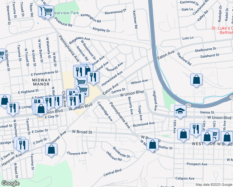 map of restaurants, bars, coffee shops, grocery stores, and more near 1949 West Union Boulevard in Bethlehem