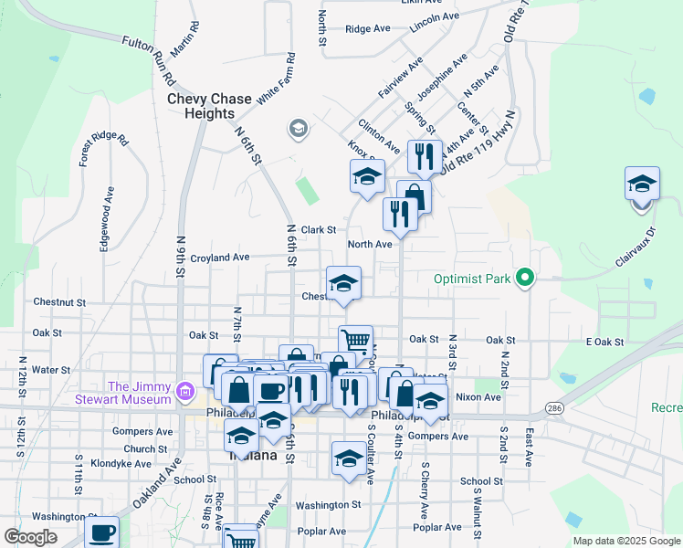 map of restaurants, bars, coffee shops, grocery stores, and more near 531 Chestnut Street in Indiana