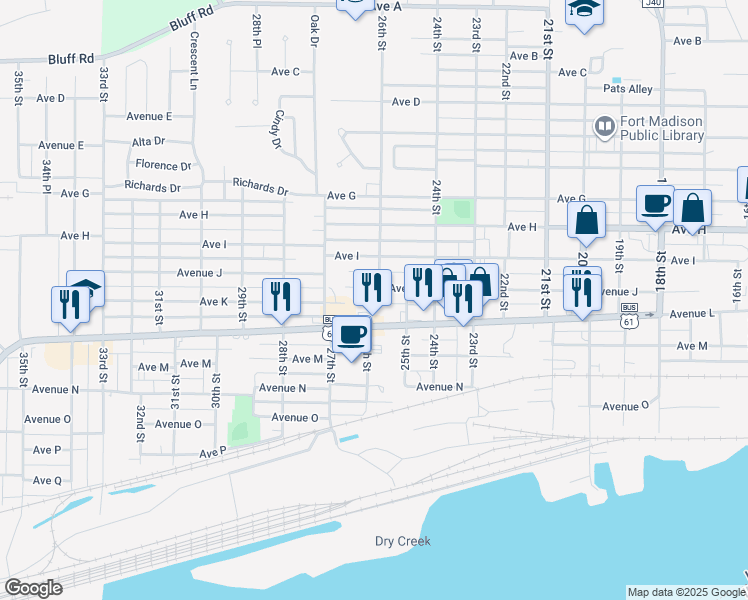 map of restaurants, bars, coffee shops, grocery stores, and more near 2601 Avenue L in Fort Madison