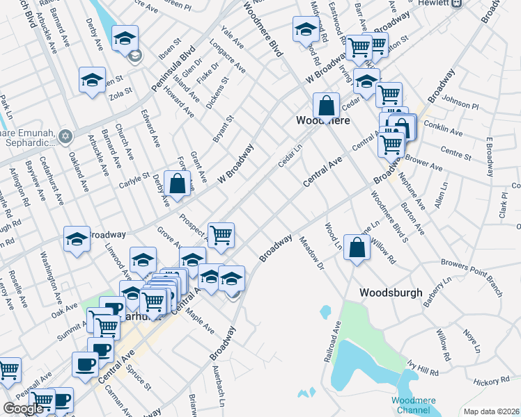 map of restaurants, bars, coffee shops, grocery stores, and more near 768 Central Avenue in Woodmere