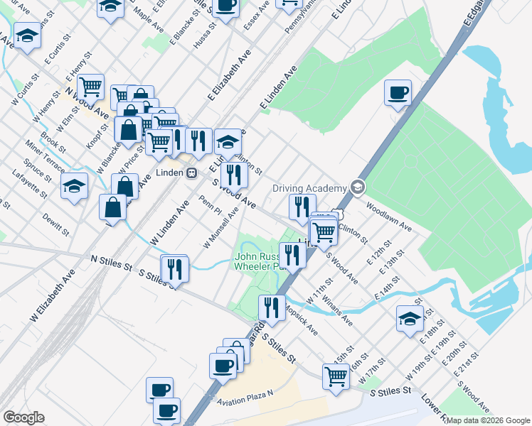map of restaurants, bars, coffee shops, grocery stores, and more near 417 South Wood Avenue in Linden