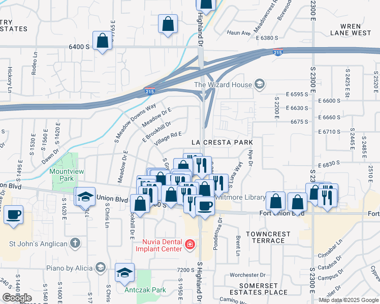 map of restaurants, bars, coffee shops, grocery stores, and more near 1972 La Cresta Drive South in Salt Lake City