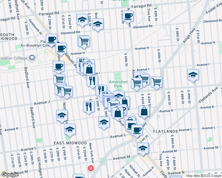 map of restaurants, bars, coffee shops, grocery stores, and more near 3713 Avenue J in Brooklyn