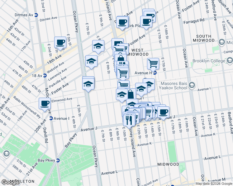map of restaurants, bars, coffee shops, grocery stores, and more near 877 East 10th Street in Brooklyn