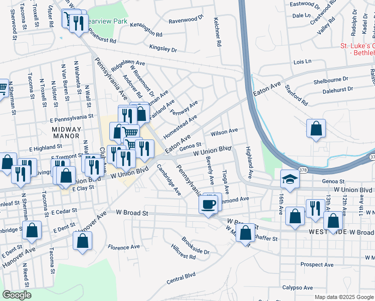 map of restaurants, bars, coffee shops, grocery stores, and more near 1949 West Union Boulevard in Bethlehem