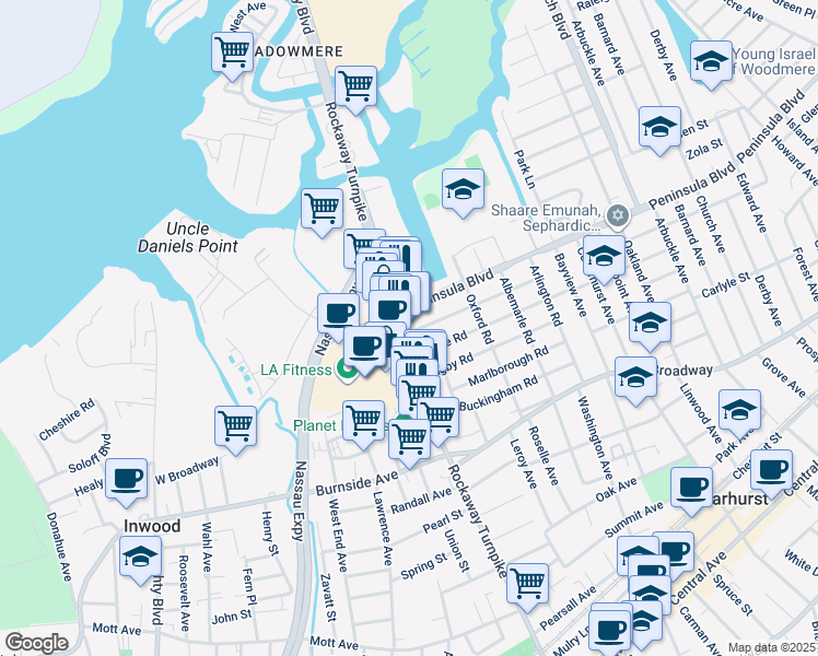 map of restaurants, bars, coffee shops, grocery stores, and more near 440 Rockaway Turnpike in Cedarhurst