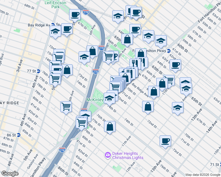 map of restaurants, bars, coffee shops, grocery stores, and more near 7122 Fort Hamilton Parkway in Brooklyn