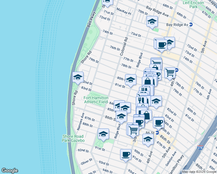 map of restaurants, bars, coffee shops, grocery stores, and more near 116 82nd Street in Brooklyn