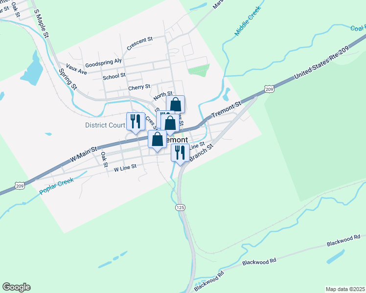 map of restaurants, bars, coffee shops, grocery stores, and more near 53 East Line Street in Tremont