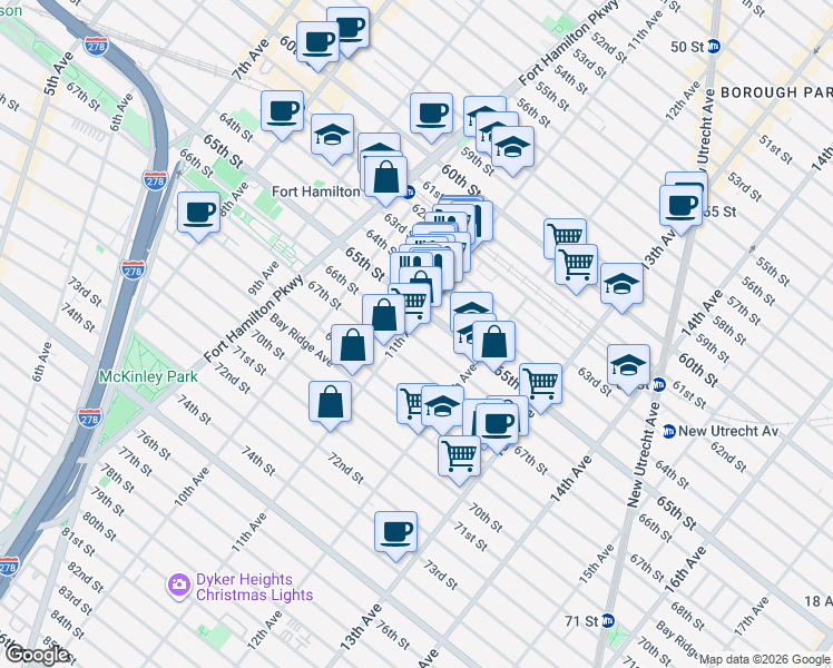 map of restaurants, bars, coffee shops, grocery stores, and more near 1139 66th Street in Brooklyn