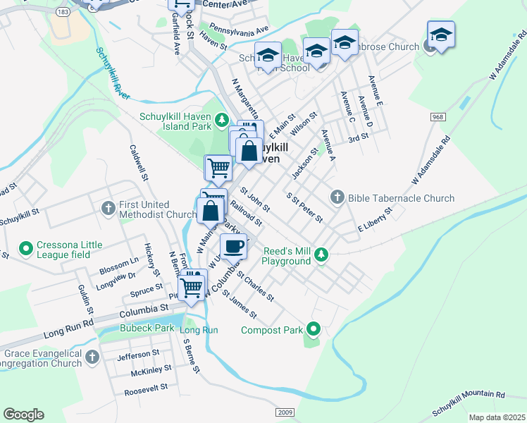 map of restaurants, bars, coffee shops, grocery stores, and more near 106 Saint John Street in Schuylkill Haven