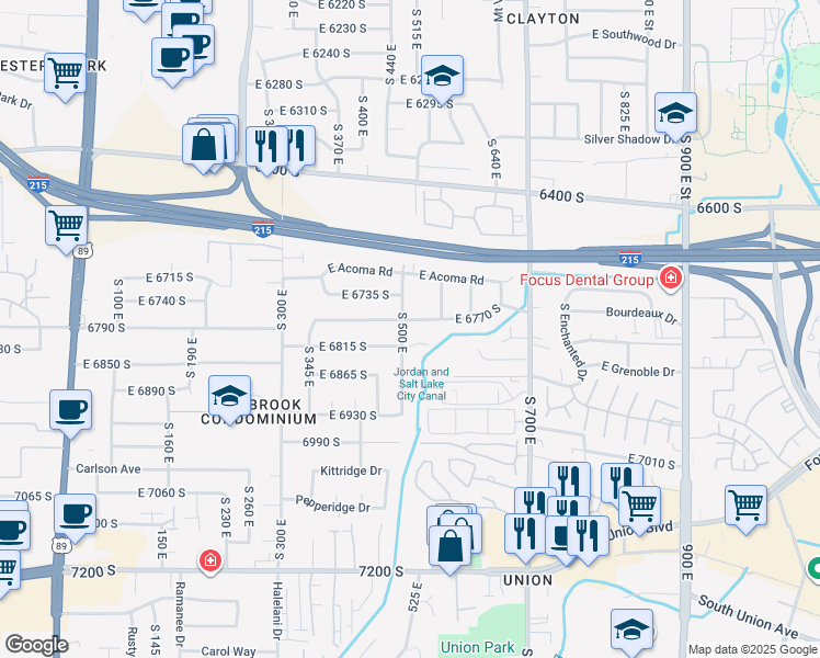 map of restaurants, bars, coffee shops, grocery stores, and more near 512 East 6770 South in Midvale