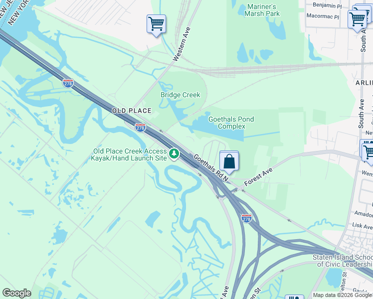 map of restaurants, bars, coffee shops, grocery stores, and more near 2701 Goethals Road North in Staten Island