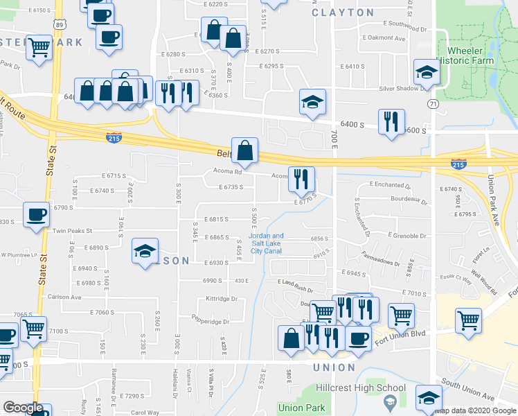 map of restaurants, bars, coffee shops, grocery stores, and more near 512 East 6770 South in Midvale