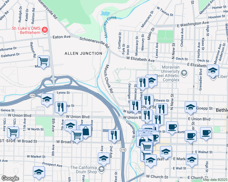 map of restaurants, bars, coffee shops, grocery stores, and more near 284 West Fairview Street in Bethlehem