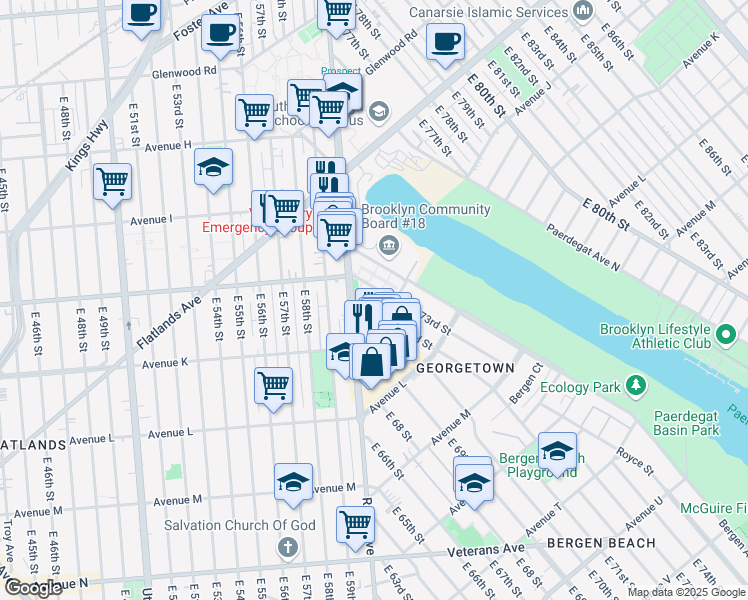 map of restaurants, bars, coffee shops, grocery stores, and more near 1097 East 72nd Street in Brooklyn
