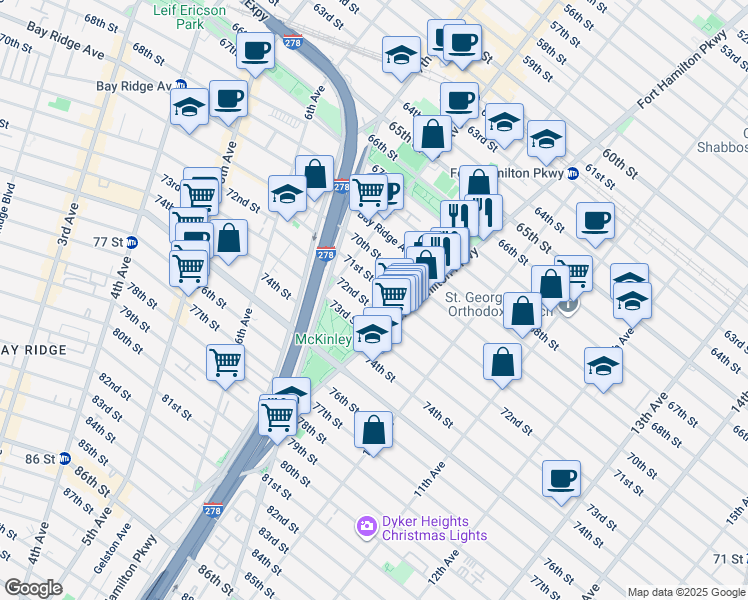 map of restaurants, bars, coffee shops, grocery stores, and more near 7122 Fort Hamilton Parkway in Brooklyn