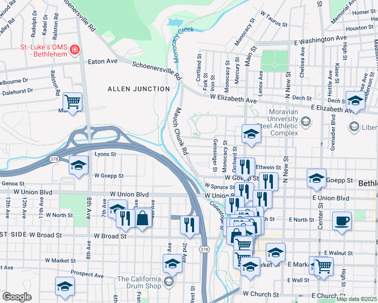 map of restaurants, bars, coffee shops, grocery stores, and more near 284 West Fairview Street in Bethlehem