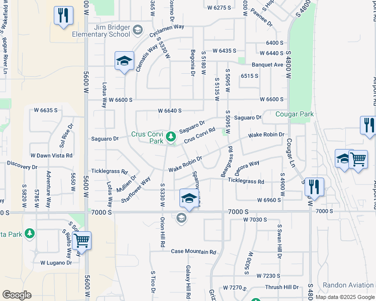 map of restaurants, bars, coffee shops, grocery stores, and more near 5214 Wake Robin Drive in West Jordan