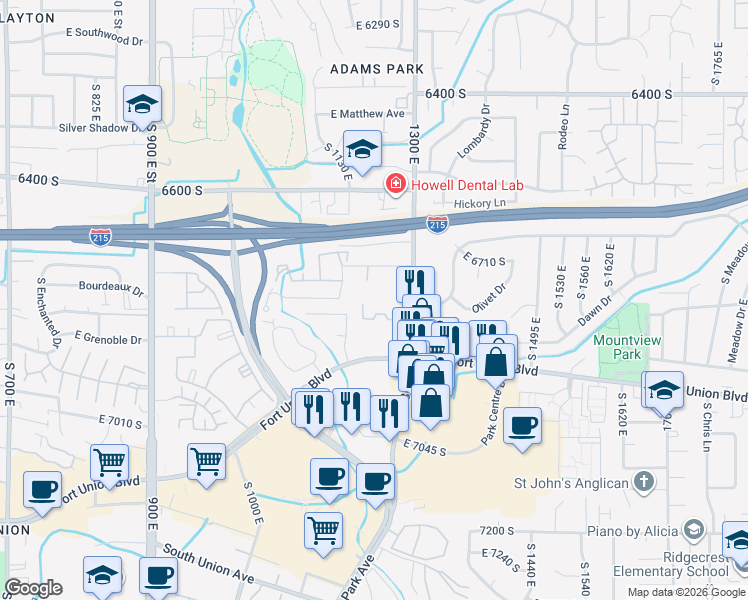 map of restaurants, bars, coffee shops, grocery stores, and more near 1230 Privet Drive in Cottonwood Heights
