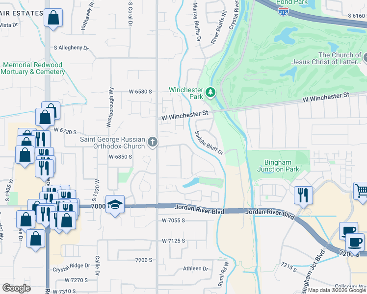map of restaurants, bars, coffee shops, grocery stores, and more near 6849 Bateman Field Drive in West Jordan