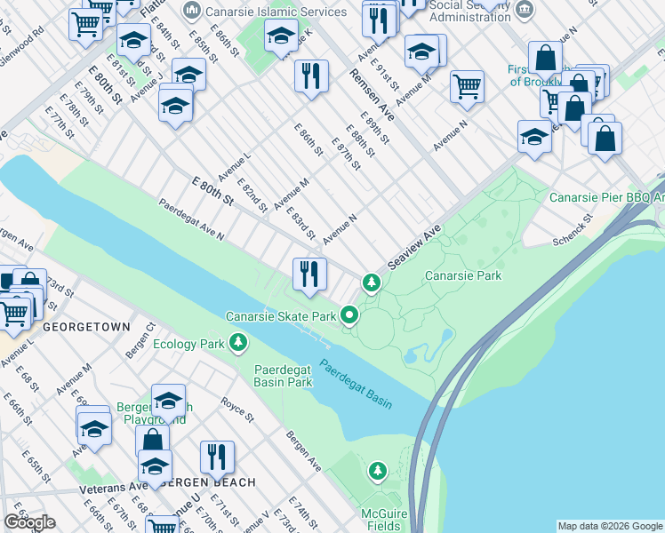 map of restaurants, bars, coffee shops, grocery stores, and more near 18 Paerdegat 14th Street in Brooklyn