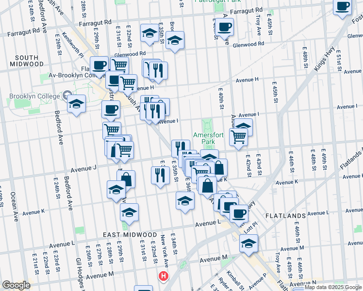 map of restaurants, bars, coffee shops, grocery stores, and more near 3611 Avenue J in Brooklyn