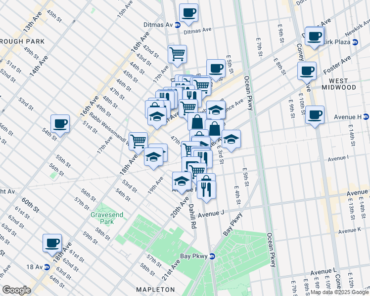 map of restaurants, bars, coffee shops, grocery stores, and more near 1070 McDonald Avenue in Brooklyn