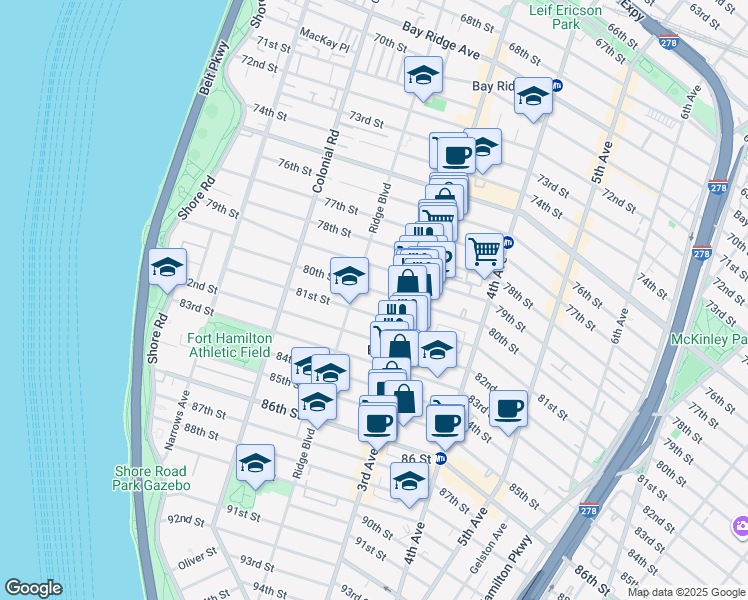 map of restaurants, bars, coffee shops, grocery stores, and more near 237 81 Street in Brooklyn