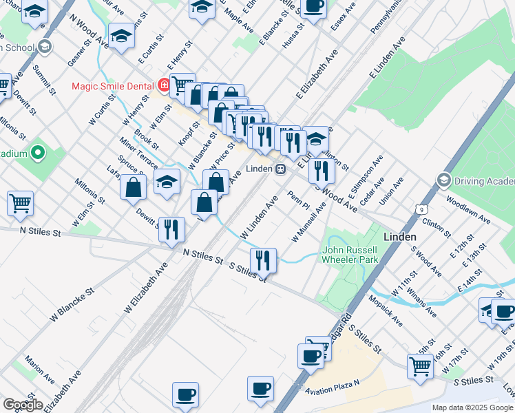 map of restaurants, bars, coffee shops, grocery stores, and more near 244 West Linden Avenue in Linden