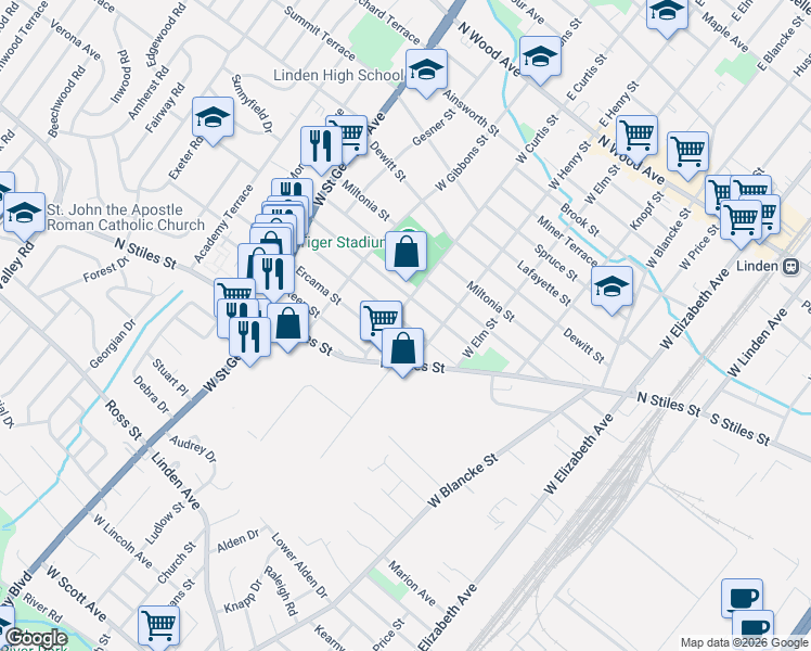 map of restaurants, bars, coffee shops, grocery stores, and more near 626 Ercama Street in Linden