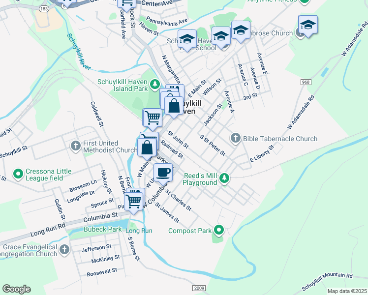 map of restaurants, bars, coffee shops, grocery stores, and more near 18 Railroad Street in Schuylkill Haven