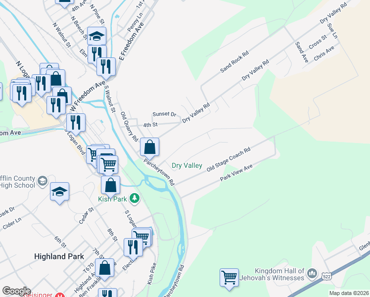 map of restaurants, bars, coffee shops, grocery stores, and more near 100-184 Orchard Grove Avenue in Lewistown