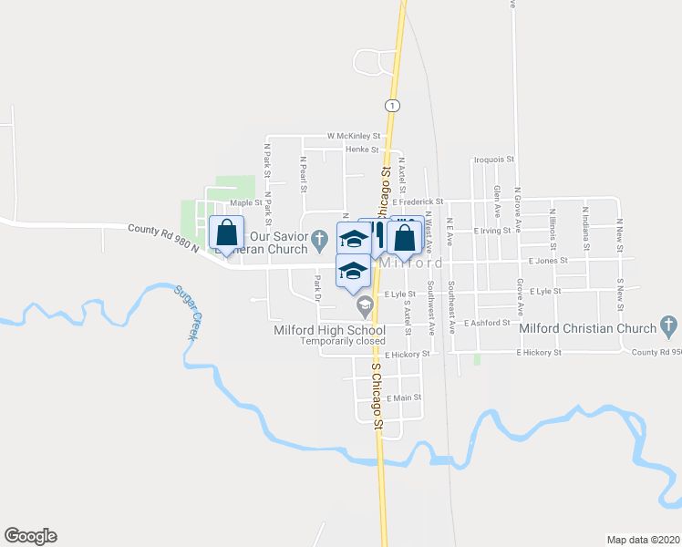 map of restaurants, bars, coffee shops, grocery stores, and more near 100 South Chicago Street in Milford