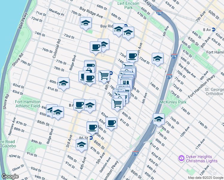 map of restaurants, bars, coffee shops, grocery stores, and more near 441 79th Street in Brooklyn