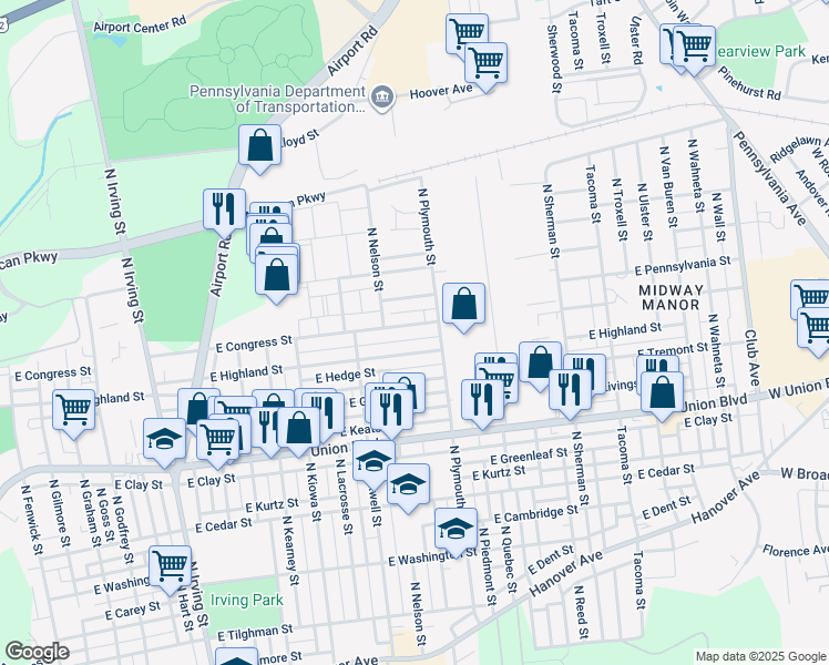 map of restaurants, bars, coffee shops, grocery stores, and more near 1502 East Congress Street in Allentown