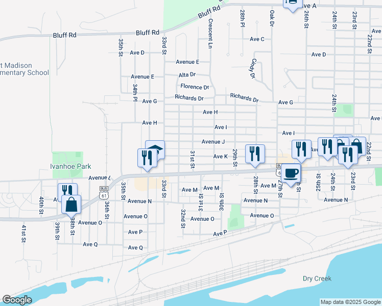 map of restaurants, bars, coffee shops, grocery stores, and more near 3034 Avenue K in Fort Madison