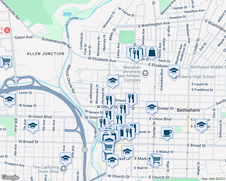 map of restaurants, bars, coffee shops, grocery stores, and more near 1002 Main Street in Bethlehem