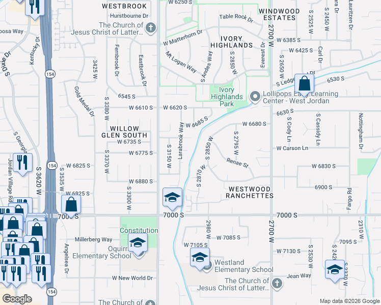 map of restaurants, bars, coffee shops, grocery stores, and more near 6799 Larabrook Way in West Jordan