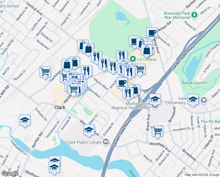 map of restaurants, bars, coffee shops, grocery stores, and more near 30 School Street in Clark