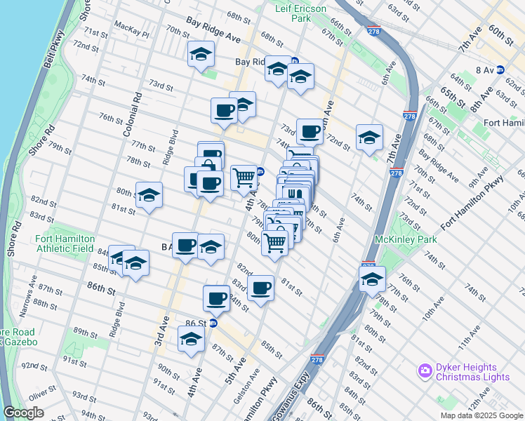 map of restaurants, bars, coffee shops, grocery stores, and more near 430 78th Street in Brooklyn