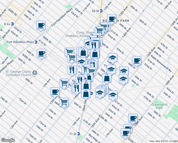 map of restaurants, bars, coffee shops, grocery stores, and more near 6010 New Utrecht Avenue in Brooklyn
