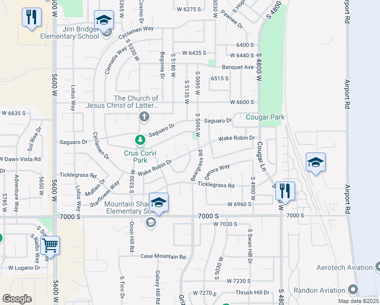 map of restaurants, bars, coffee shops, grocery stores, and more near 5145 Wake Robin Drive in West Jordan
