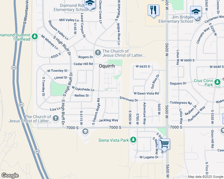 map of restaurants, bars, coffee shops, grocery stores, and more near 6771 South Oakshade Lane in West Jordan