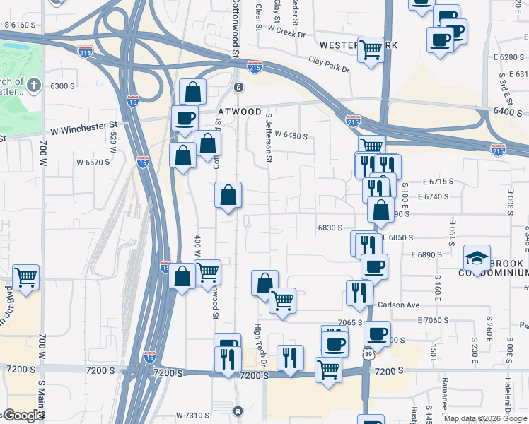 map of restaurants, bars, coffee shops, grocery stores, and more near 6656 South Jefferson Street in Murray
