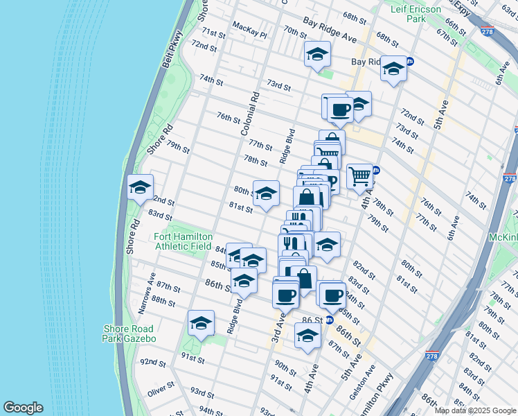 map of restaurants, bars, coffee shops, grocery stores, and more near 192 81 Street in Brooklyn