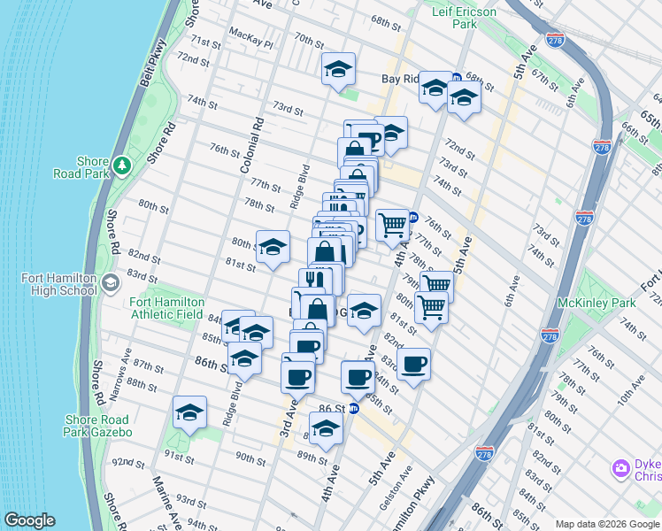 map of restaurants, bars, coffee shops, grocery stores, and more near 7920 3rd Avenue in Brooklyn