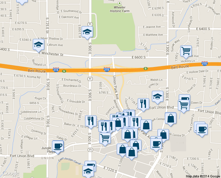 map of restaurants, bars, coffee shops, grocery stores, and more near 6803 Sienna Park Lane in Midvale