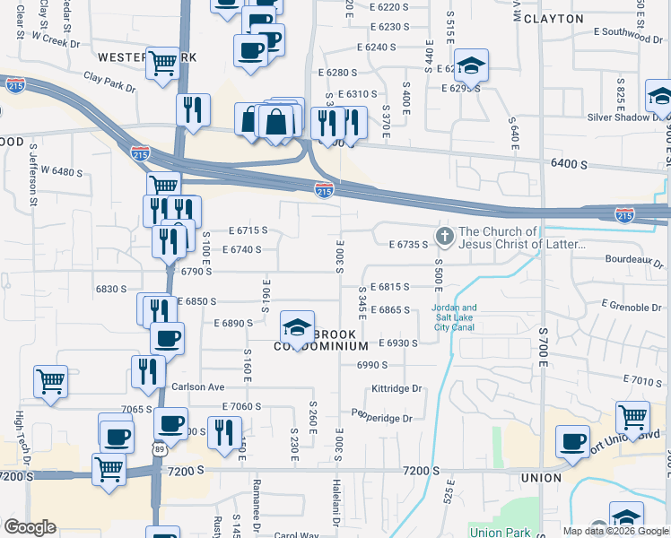map of restaurants, bars, coffee shops, grocery stores, and more near 6808 South 300 East in Midvale